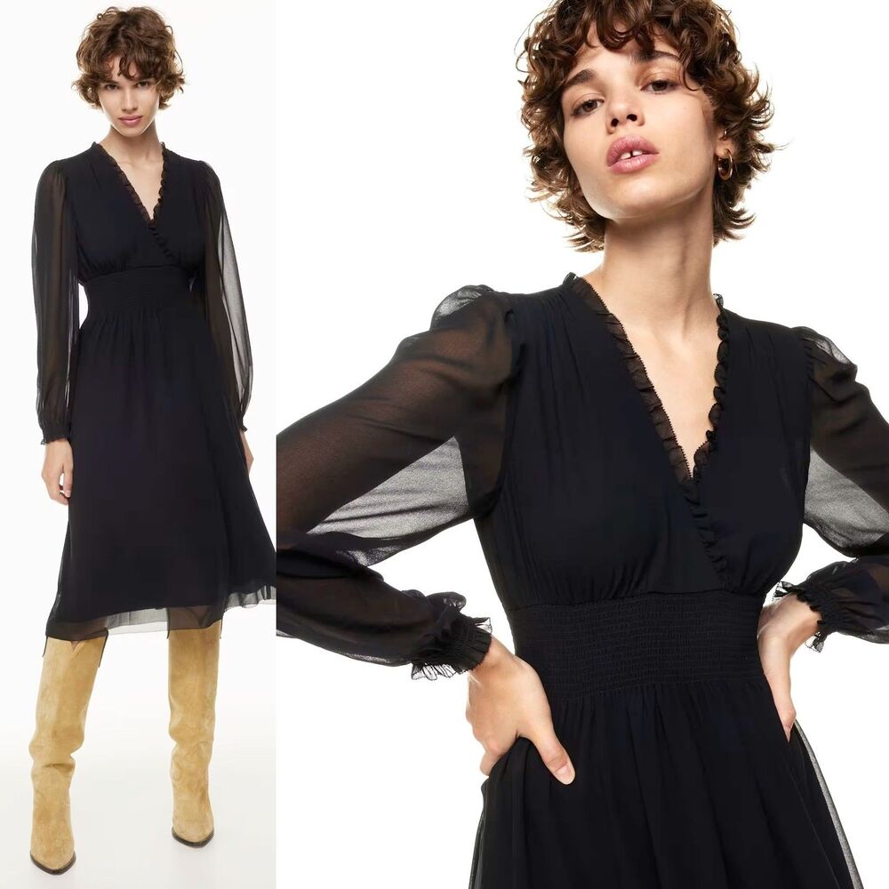 Aritzia Wilfred Faraway Dress Women S Black Sheer Puff Sleeve Smocked Midi Goth